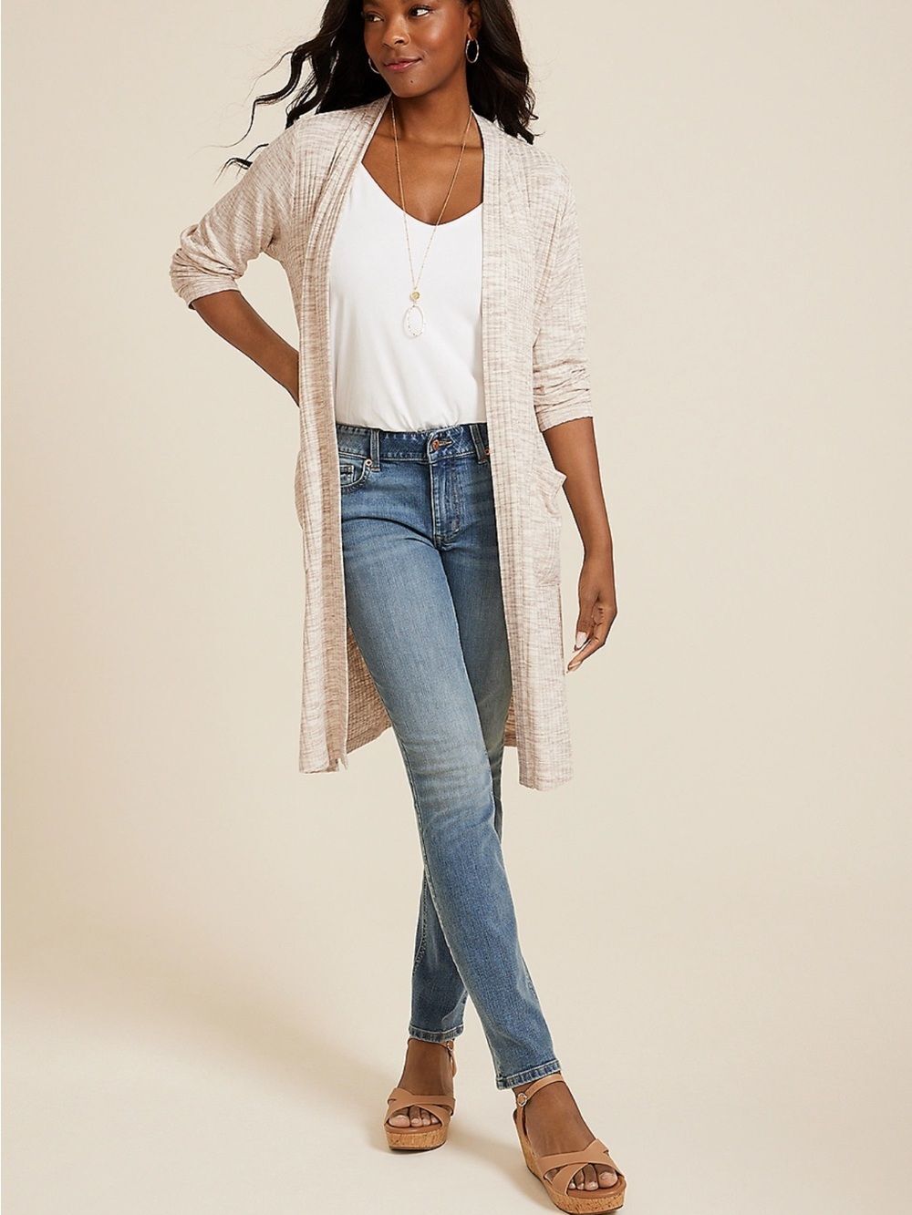 Maurice's Tan Beige Rib Knit Longline Cardigan W Pockets Lightweight Size Large